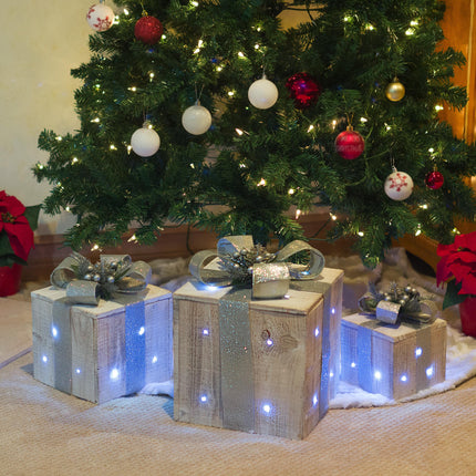 Alpine Corporation 3-Piece Wooden Box Christmas Decor with LED Lights, Silver