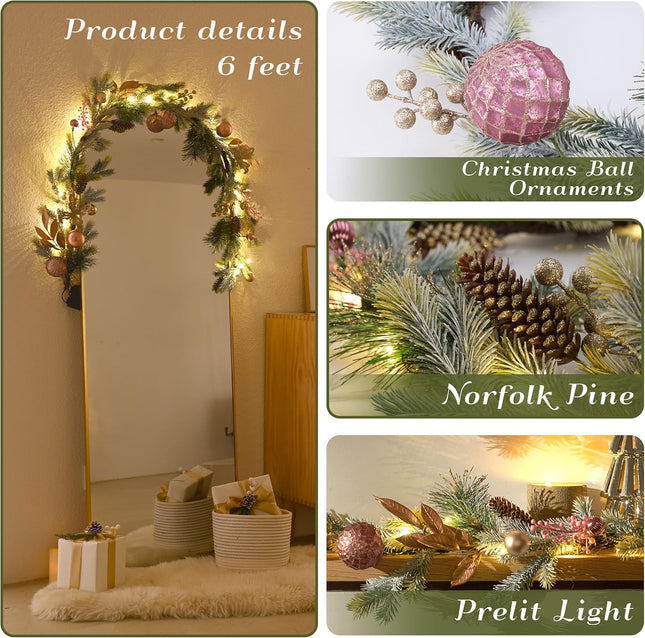 Decorbyhannah Christmas Garland with Lights, 6ft Prelit Christmas Garland Decorations with Ornaments, Pinecone and Butterfly, Battery Operated Christmas Garland Indoor for Mantle, Stairs(Pink Gold)