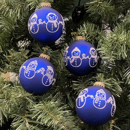 Glass Christmas Tree Ornaments - 67mm/2.625" [4 Pieces] Decorated Balls from Christmas by Krebs Seamless Hanging Holiday Decor (Royal Velvet Blue with Snowman)