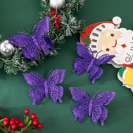15 PCS Glitter Christmas Tree Butterfly Ornaments, Hollow Butterfly Christmas Decorations with Clips, Artificial Butterfly Ornaments Decoration for Christmas Tree, DIY Xmas Wreath Decor - Dark Purple