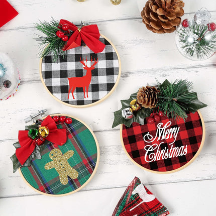 Pllieay 6 Pack of Christmas Ornament DIY Craft Kit Includes Christmas Plaid Fabric, Bamboo Hoop, Mini Pinecones, Artificial Pine Needle and Artificial Small Berrie for Christmas Decorations