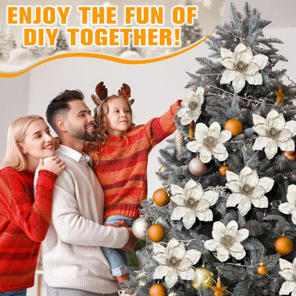 Jutom 12 Pcs Christmas Glitter Poinsettia Magnolia Flowers 6.3in 7.87in Christmas Tree Artificial Flowers 10 Petals Artificial Magnolia Flowers for Christmas Tree Xmas Wreath Holiday Decor(White)