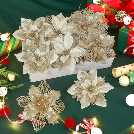24Pcs 3 Styles 6 inch Poinsettias Artificial Christmas Flowers, Glitter Christmas Tree Decorations, Floral Ornaments for Home/Party, Xmas Decor Flowers with Clips and Stems, Champagne Gold