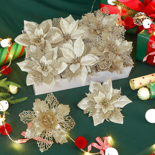 24Pcs 3 Styles 6 inch Poinsettias Artificial Christmas Flowers, Glitter Christmas Tree Decorations, Floral Ornaments for Home/Party, Xmas Decor Flowers with Clips and Stems, Champagne Gold