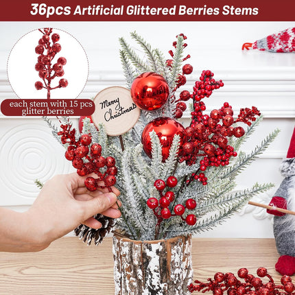 36pcs Glitter Berries Stems, 7.9 Inch Christmas Berries Stems Glitter, Artificial Berry Picks Christmas Red Berries Stems for Vases for Decoration Christmas Tree Wreath