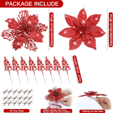 Sggvecsy 24 Pcs 2 Styles Christmas Glitter Poinsettia Flowers Artificial Berry Picks Christmas Tree Ornaments Artificial Christmas Flowers with Clips for Xmas Wedding Wreath Floral Decorations（Red）