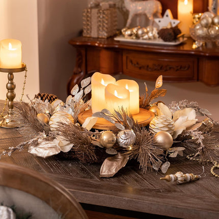 Valery Madelyn 24 Inch Pre-Lit Christmas Wreath for Front Door with Lights, Large Lighted Christmas Wreath with Champagne Gold Xmas Balls for Fireplace Window Outdoor Table Centerpiece Home Decoration