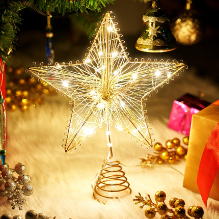 Joiedomi Christmas Tree Toppers, Gold Metal Star Tree Topper, Battery Powered Treetop Ornaments Hollow Star Lighted with Warm White LED Lights for Xmas Tree Decorations, Holiday Party Indoor Decor