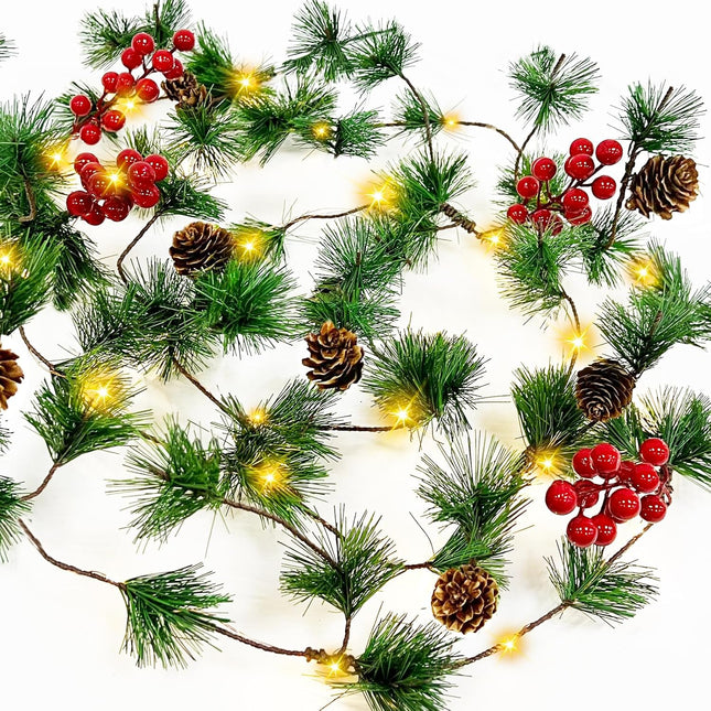 10Ft 30 LED Prelit Christmas Garland with Lights Timer, Garlands for Decoration Christmas Battery Operated Pine Cones Red Berries Lighted Garland for Mantle Home Indoor Xmas Decor, Warm White