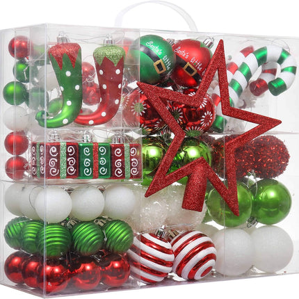 Valery Madelyn Christmas Tree Ornaments Set, 100ct Elf Red Green White Shatterproof Christmas Tree Decorations Bulk, Variety Decorative Hanging Ball Ornaments for Xmas Trees Holiday Party Decor