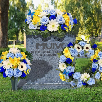 MUVIC Handmade Cemetery Wreath with Grave Holder, Artificial Flower Wreaths for Tombstone Decoration of Memorial Day/Mother's Day/Father's Day/Christmas,Blue,Yellow,White