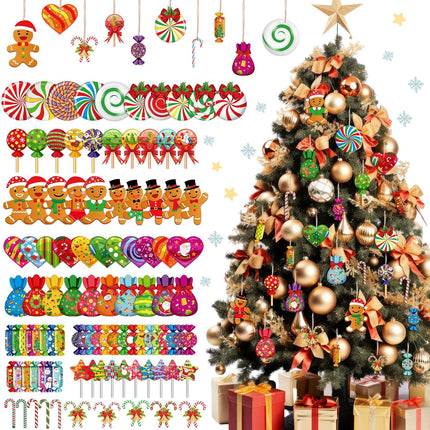 Soaoo 100 Pieces Christmas Peppermint Candy Hanging Ornaments Wood Christmas Tree Ornaments Set Lollipop Gingerbread Candy Cane Decorations with Rope Decorative Hanging Ornaments for Xmas (Stylish)