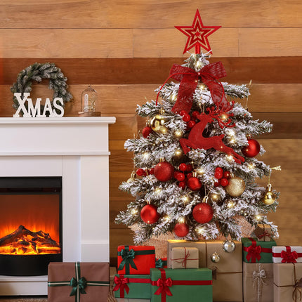 Sggvecsy 23.6’’ Mini Snow Frosted Christmas Tree Table Top Lighted Artificial Xmas Tree Star Treetop Glitter Balls Red Deer Red Bows Red Berries Hanging Ornaments DIY Holiday Indoor Decorations