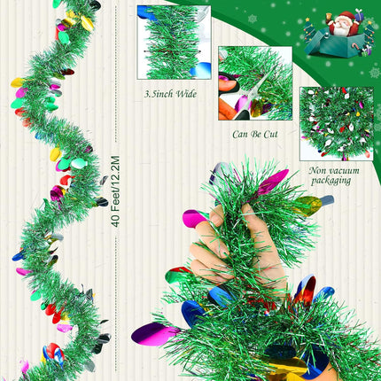 40 Feet Christmas Tinsel Garland Christmas Tree Ornament Metallic Twist Garland Xmas Hanging Wreath for Indoor Outdoor Decorations Party Supplies (Light Bulb)