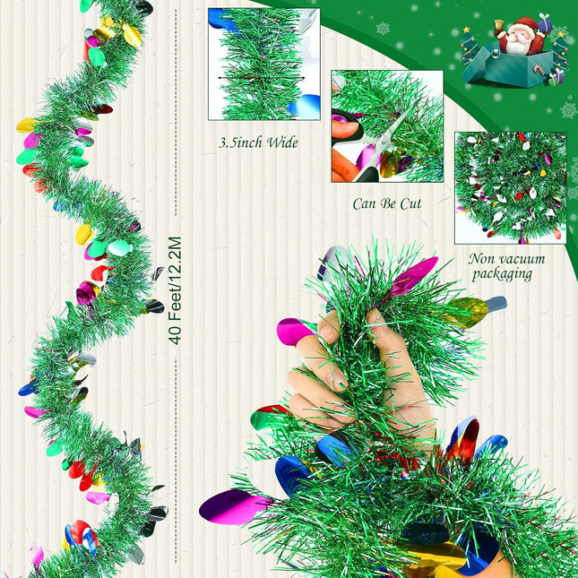 40 Feet Christmas Tinsel Garland Christmas Tree Ornament Metallic Twist Garland Xmas Hanging Wreath for Indoor Outdoor Decorations Party Supplies (Light Bulb)