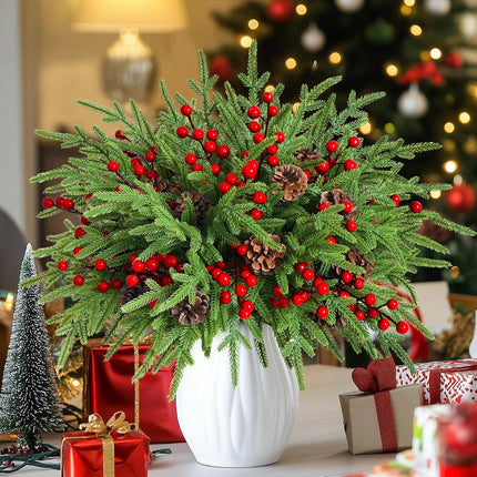 MARTINE MALL 12Pcs Christmas Norfolk Pine Branches with Pine Cones&Berries, 18In Fake Greenery Norfolk Pine Branches Evergreen Artificial Pine Branches for Xmas DIY Craft Garland Home Decor