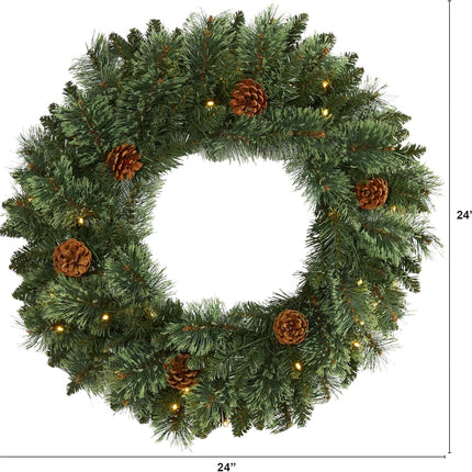 Nearly Natural 24in. White Mountain Pine Artificial Christmas Wreath with 35 LED Lights and Pinecones