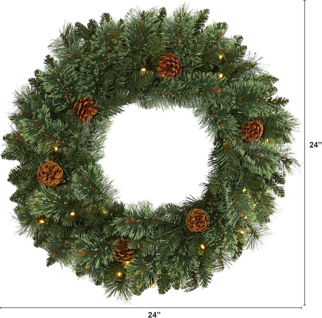 Nearly Natural 24in. White Mountain Pine Artificial Christmas Wreath with 35 LED Lights and Pinecones