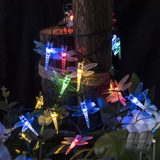 shinymolly Dragonfly Solar Lights Outdoor, 2PACK 19.6FT 30 LED Dragonfly Decorative String Lights, 8 Modes Solar Powered Fairy Lights for Patio Garden Yard Fence Wedding Christmas Party, Multicolor