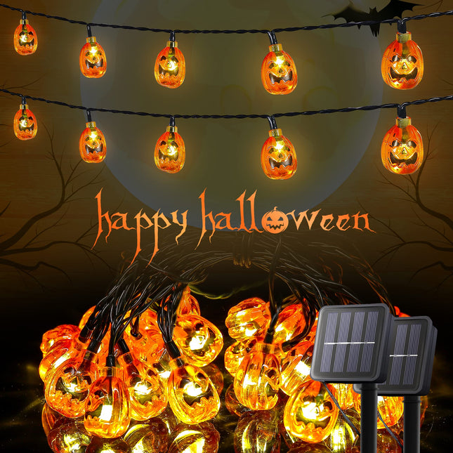 2 Pack Halloween Solar String Lights Outdoor,20ft 30 LED Pumpkin Lantern Thanksgiving Halloween Decorations for Ourdoor Garden,Yard, Patio, Xmas Tree, Party, Home(Pumpkin,2PACK)