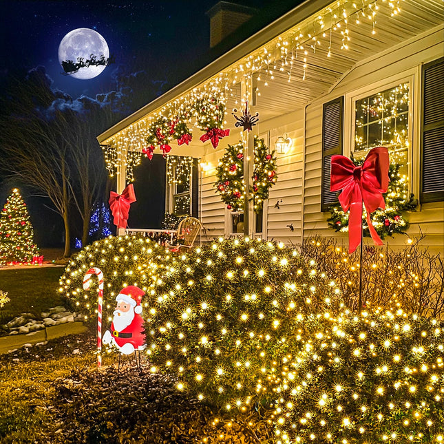 JMEXSUSS 360 LED Net Lights Outdoor Mesh Lights, 12 ft x 5 ft Christmas Net Lights Outdoor Connectable Plug in, Warm White Net Lights for Bushes Christmas Tree Decoration（Transparent Wire）
