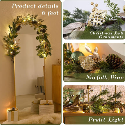 Decorbyhannah Christmas Garland with Lights, 6ft Lighted Artificial Greenery Garland Christmas Decorations with Pinecone and Green Gold Ornaments, Battery Operated Christmas Garland Indoor for Mantle