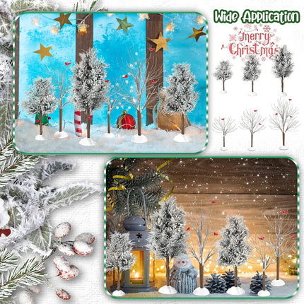 6 Pieces Christmas Village Trees Set, Village Bare Branch Trees Accessory Figurine, Snow Covered Village Trees for Christmas Tree Displays, Christmas Trees Decor with Cardinals (Elegant Style)
