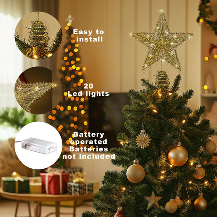Gold Star Christmas Tree Topper Star, Xmas Tree Topper Star Ornament for Christmas Holiday Party Decor with Warm Lights Tree Topper Décor Golden Glitter