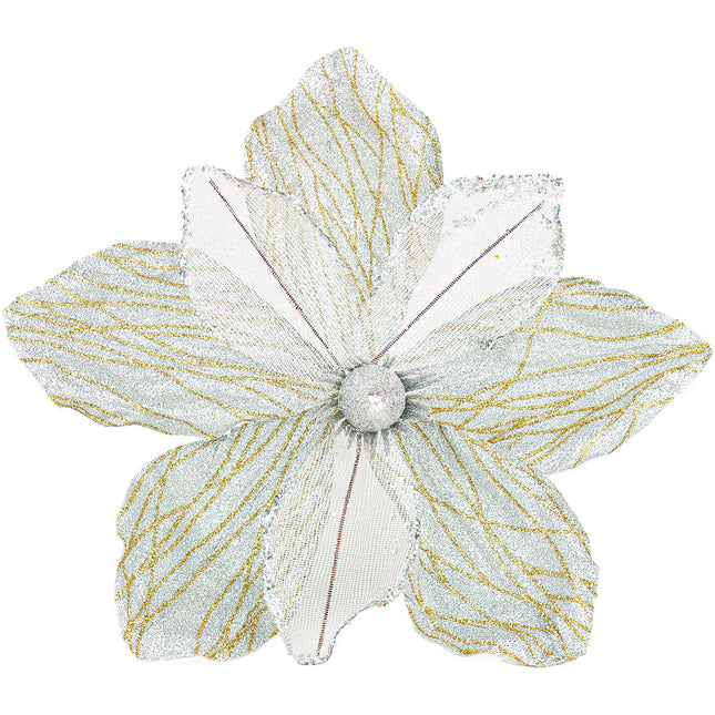 10" Velvet Poinsettias Artificial Christmas Flowers, 6pcs Large Glitter Christmas Poinsettia Picks, Floral Stems for Christmas Tree Wreath Garland Decorations DIY Ornaments (Silver)
