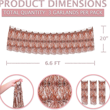 Mandala Crafts Rose Gold Tinsel Garland - Tinsel Icicles Rose Gold Tinsel Fringe Garland - 20 in X 20 Ft Long Metallic Tinsel Foil Fringe Banner for Christmas Tree Xmas Holiday Party Decoration