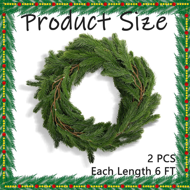 2 Pcs Dense Christmas Norfolk Pine Garland- 6 Ft Single Fork Norfolk Pine Realistic Touch Garland Ornament- Artificial Pine Greenery Garland for Christmas Holiday Mantle Fireplace Table Home Decor