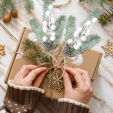 Sggvecsy 6 Pack Snow Frosted Christmas Berries Pine Picks Artificial White Berry Pine Branches Faux Pine Stem with Pine Cones for Xmas Tree Wreath DIY Craft Floral Arrangement Holiday Decor (White)