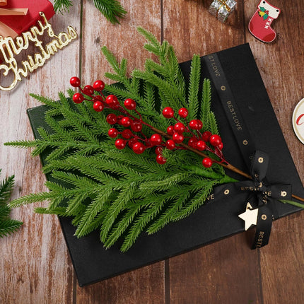 10 Pcs Christmas Norfolk Pine Branches with Red Berry Stems,19 Inch Norfolk Pine Artificial Christmas Branches, Artificial Xmas Branches Plants Pine Leaves for DIY Garland Wreath Home Decoration