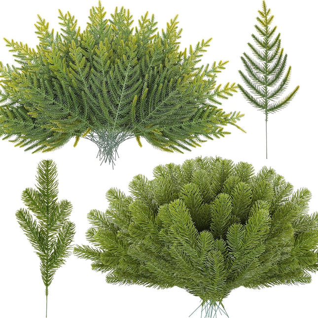 Riceshoot 200 Pcs Christmas Artificial Pine Branches 11.8 Inch 10.6 Inch Pine Needles Branches Garland Fake Greenery Norfolk Pine Stems Cedar Picks and Sprays for DIY Wreath Christmas Decorations