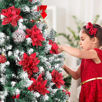 NUOBESTY 12 Pieces Christmas Glitter Poinsettia Flowers Christmas Tree Ornaments Artificial Flowers for Christmas Tree Decoraiton with Stems and Clips (Red)