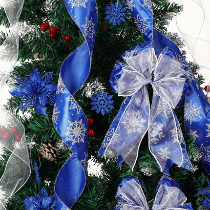 Zeyune 37 Pcs Christmas Tree Decoration Set with Large Christmas Decorative Bow Topper 12 Glitter Poinsettia Flowers 12 Plastic Xmas Snowflake 12 Ribbon Bow for Holiday Party Ornaments (Blue)