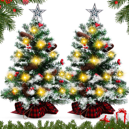 2 Pcs 2FT Mini Christmas Trees with Lights Artificial Christmas Trees Tabletop with Berries Pine Cones Hanging Ornaments Red Lattice Cloth Base Holiday Party Xmas Decorations, Sliver
