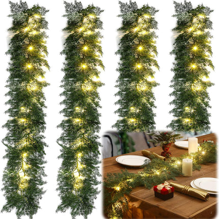 4 Pcs 6 ft LED Christmas Cedar Pine Garland Artificial Greenery Garland with LED Lights Realistic Garland Battery Operated for Christmas Holiday Mantel Fireplace Table Centerpiece