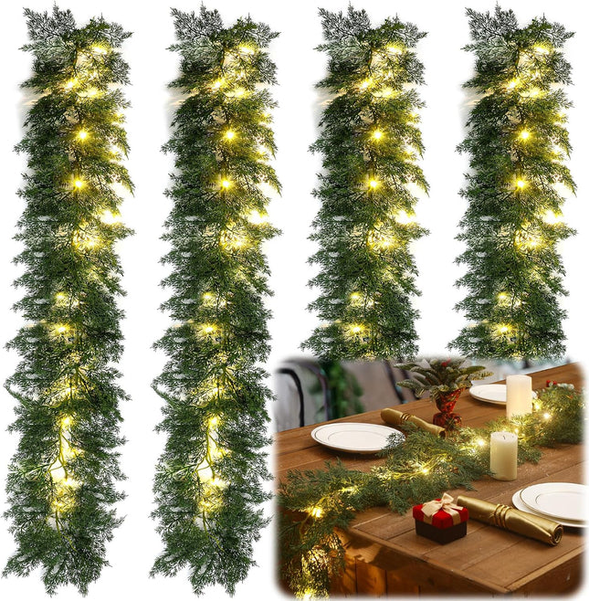 4 Pcs 6 ft LED Christmas Cedar Pine Garland Artificial Greenery Garland with LED Lights Realistic Garland Battery Operated for Christmas Holiday Mantel Fireplace Table Centerpiece