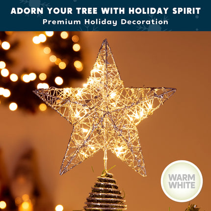 Joiedomi Christmas Tree Toppers, Glitter Silver Star Tree Topper Lighted with Warm White LED Lights for Xmas Tree Decorations, Holiday Party Indoor Decor