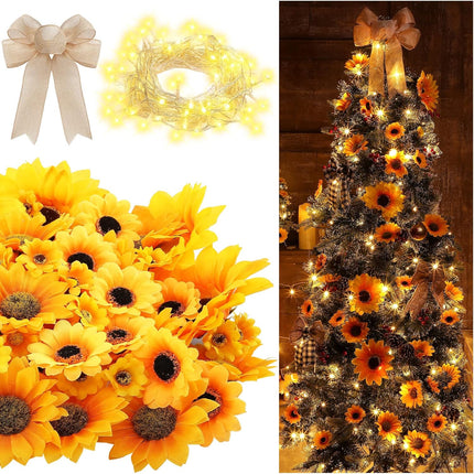 Jetec 62 Pieces Sunflower Christmas Tree Decor Sunflower Decorations with 80 LEDs String Lights for Home Fireplace Christmas Tree Party Indoor Decor