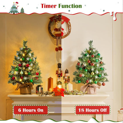 Yaheetech 2Pcs Pre-lit Artificial Mini Christmas Tree, 2ft Tabletop Small Xmas Tree w/12 Pinecones, 35 Warm White LED Lights, Cement Base, Battery-Operated Christmas Tree for Home Party Decor, Green