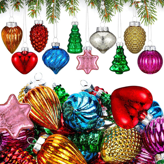 30 Pack Christmas Vintage Retro Glass Ornaments Bulk Antique Mercury Glass Ornaments Hand Blown Glass Ball Ornaments Small Multi Colored Christmas Ornaments Decor for Christmas Tree