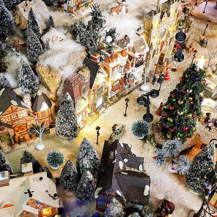 14 Pcs Christmas Accessories Village Figurine Miniature Pine Trees Snow Artificial Christmas Trees Bare Branch Trees Street Lights Lamps for Xmas DIY Crafts Winter Room Landscape (Vibrant Style)