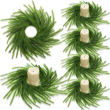 4 Pcs Christmas Norfolk Pine Wreath Candle Rings Green Artificial Norfolk Pine Rings Xmas Garland Candle Ring Holder Ornament for Xmas Holiday Wedding Table Centerpiece Table Pillar