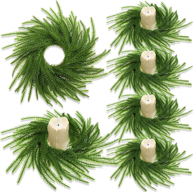 4 Pcs Christmas Norfolk Pine Wreath Candle Rings Green Artificial Norfolk Pine Rings Xmas Garland Candle Ring Holder Ornament for Xmas Holiday Wedding Table Centerpiece Table Pillar