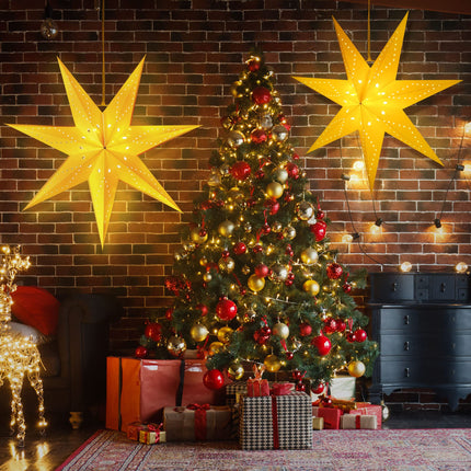 Hiboom Paper Star Lantern 24 Inch, 8 Mode 50 LEDs Firework Fairy String Lights, Light up Hollow Out Star Hanging Decoration for Indoor Outdoor Room Wedding Christmas Party(2 Pack)
