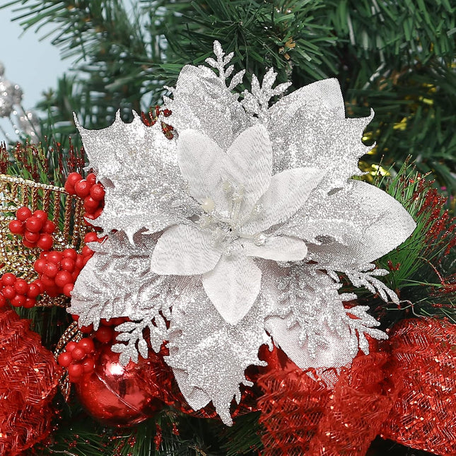12 Pcs Poinsettia Artificial Christmas Flowers Decorations with Clips and Stems Glitter Christmas Poinsettia Decorations for Xmas Tree Ornaments Winter Party Wreath Decoration (Silver)