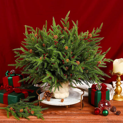 12PCS 17" Artificial Norfolk Pine Branches Christmas Decorations, Fake Cedar Stems with Pine Needle&Cone&Berry for Xmas Decor, Faux Pine Pick Green Plants Ornaments for Home/Holiday/Party