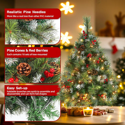 3FT Christmas Tree - Flocked Xmas Tree with 70 LED Lights & 8 Modes, Lifelike Pine Branches, Decorated with 10 Red Berries & 10 Pine Cones, Small Tabletop Christmas Tree for Home Apartment Office Dorm